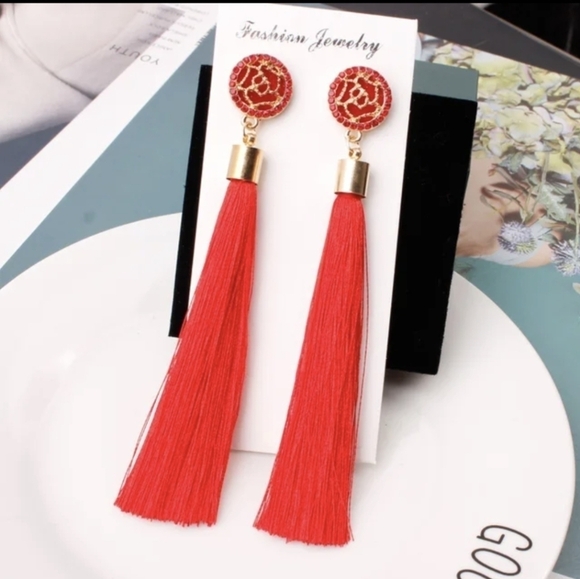 no brand Jewelry - Bohemian Earrings Red Tassel Gold Toned Boho Jewelry 3 inch Silk Strand